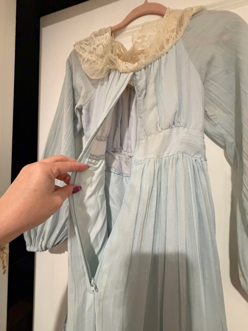 VINTAGE GUNNE SAX LIGHT BLUE PRAIRIE MAXI DRESS LACE BOHO COTTAGECORE WEDDING - Picture 9 of 16